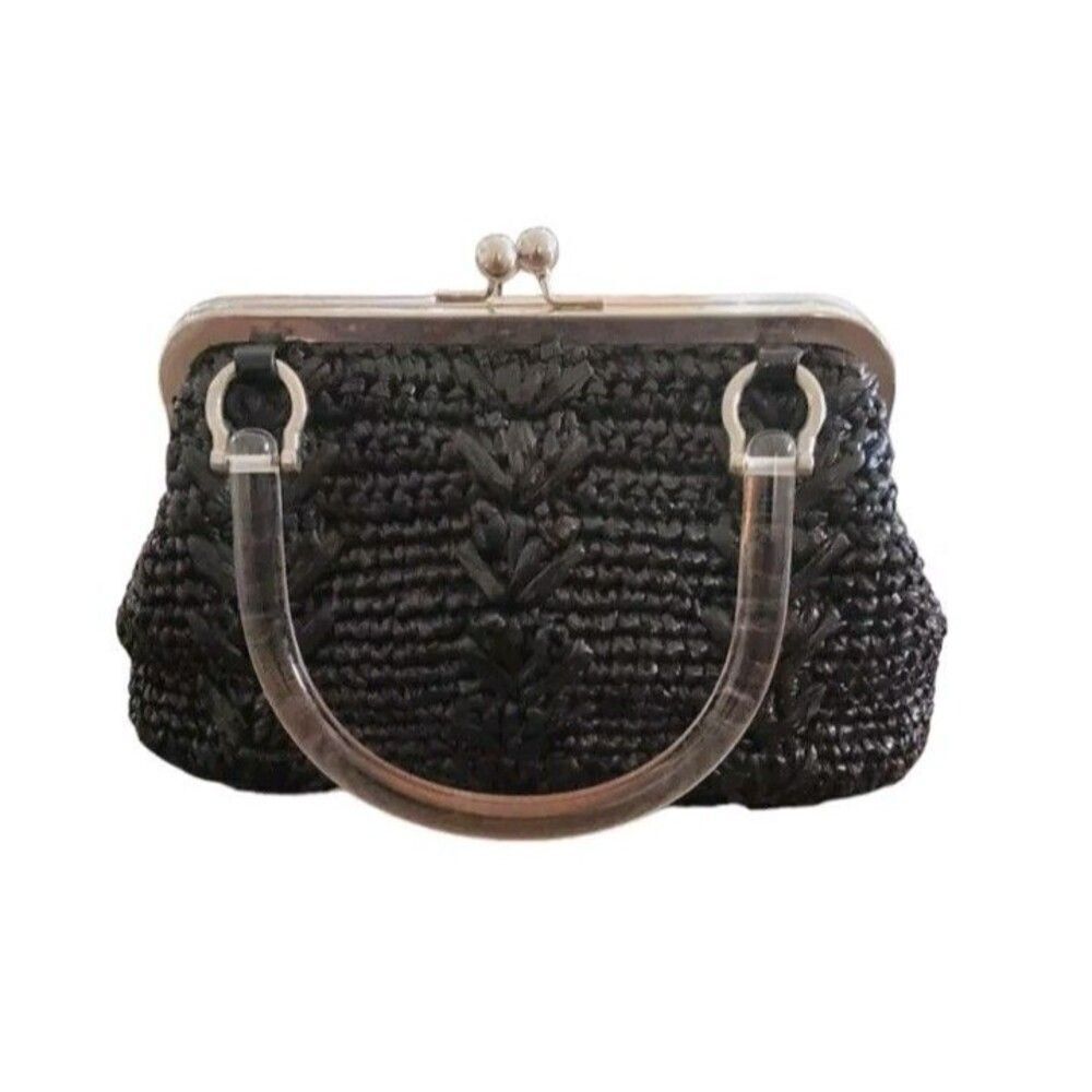 Trina Turk Woven Nylon Raffia Purse Black and Silver With Clear Handle